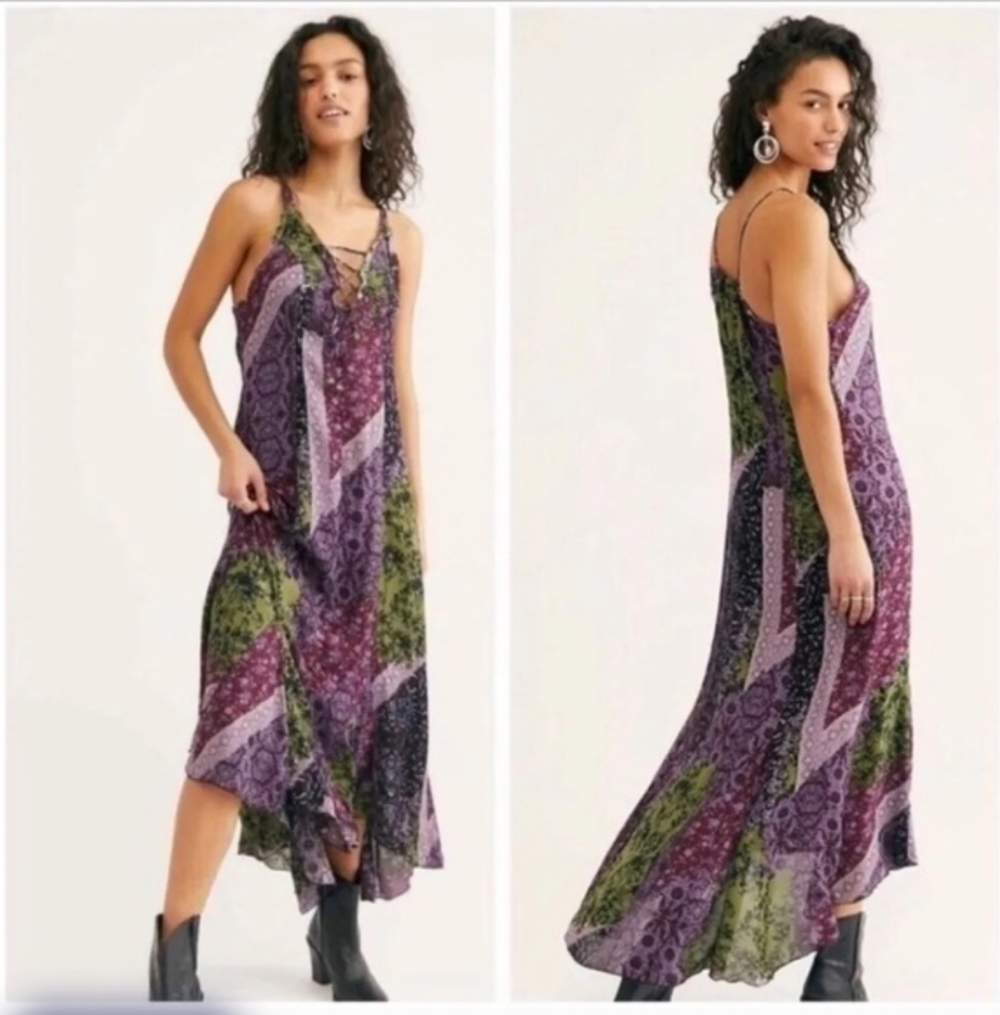 Free People Work Of Art Patchwork Mixed Print Side Lace Up Maxi Dress XS